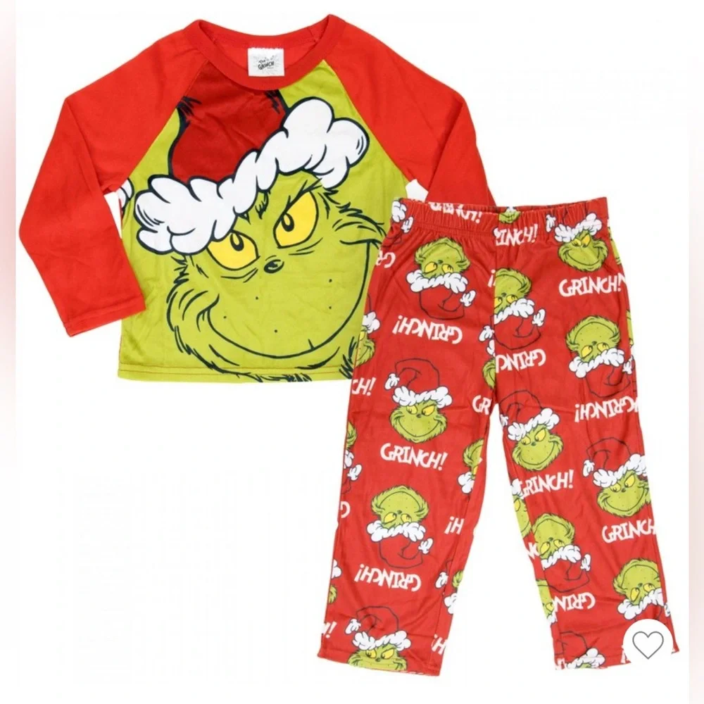 Kids The Grinch Santa Hat 2-Piece Fleece Pajama Set – Size 5T